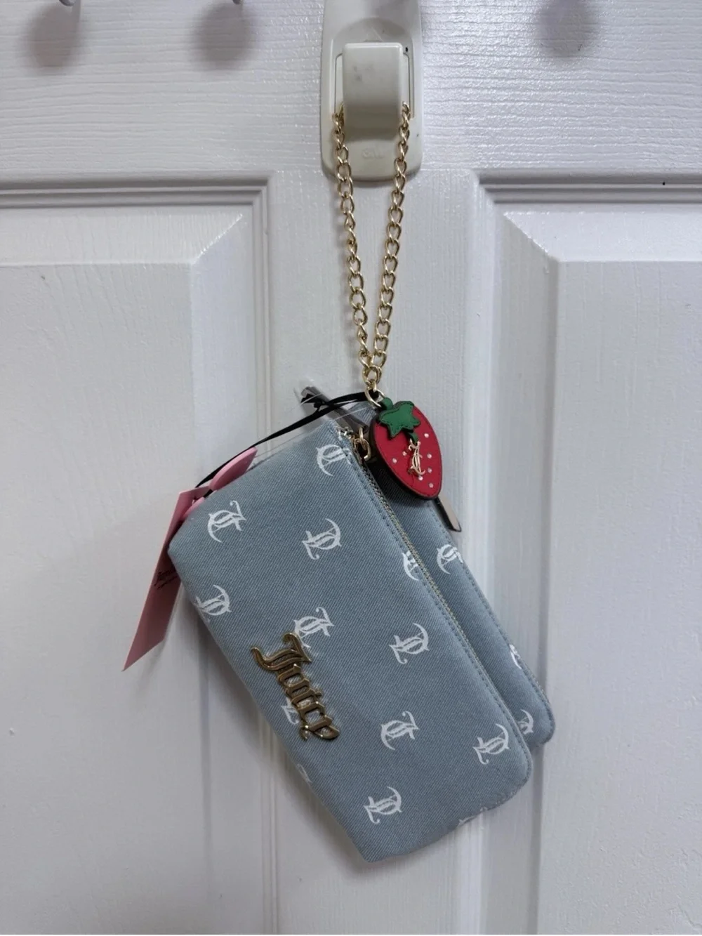 Juicy Couture Light Blue Denim Monogram Double Zip Wristlet with Charms NWT